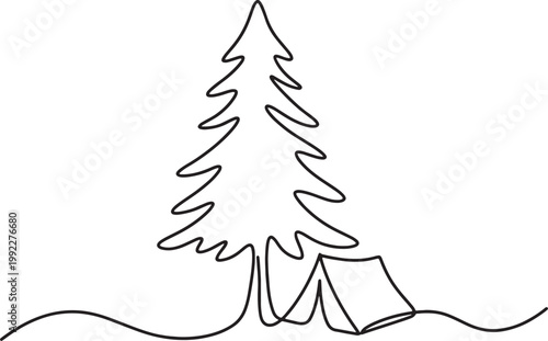 A minimalist continuous line drawing of a camping tent nestled beside a pine tree in the wilderness