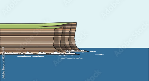 Minimalist Vector Illustration of a High Coastal Sea Cliff with Layered Rock Formations Grass and Blue Ocean Water