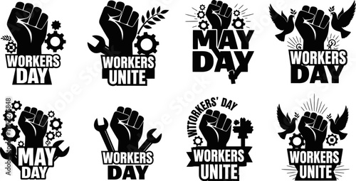 Workers day and May Day typographic slogans with raised fists and industrial tools
