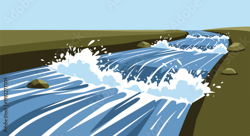 Vector Illustration of a Rushing Blue River with Cascading Waterfalls and White Splashing Foam in a Green Field Landscape