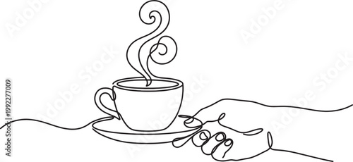 Abstract single line drawing of a hand holding a steaming cup of coffee on a saucer isolated