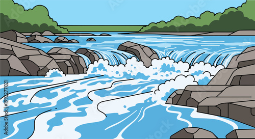 Flat Illustration of a River Waterfall with Cascading Water and Rocks in a Natural Landscape Background