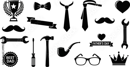 Black silhouettes of various fathers day icons and objects for graphic design