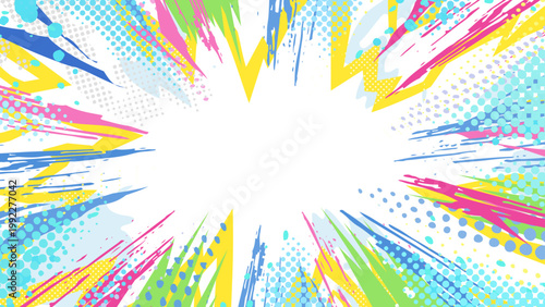 グラフィティ風のカラフルでポップな爆発の背景イラスト_白背景_16:9