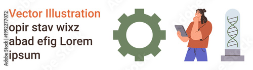 Science, technology, innovation, biology, engineering, education. Gear symbol, DNA strand woman with a tablet. Science and technology related to biology and innovation concept