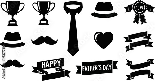 Black silhouettes of various Fathers Day icons and symbols on white background