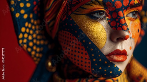 A woman with artistic face paint and striking gaze. The woman's face is adorned with vivid patterns and colors, evoking a sense of creativity and fashion