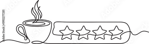 Artistic continuous line drawing of a steaming coffee cup next to a fourstar rating bar