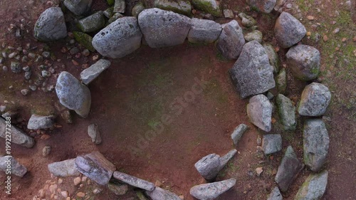 Aerial view from a drone of the Dolmen of Azután or La Jariega near the town of Azután. Province of Toledo. Castile-La Mancha. Spain. Europe