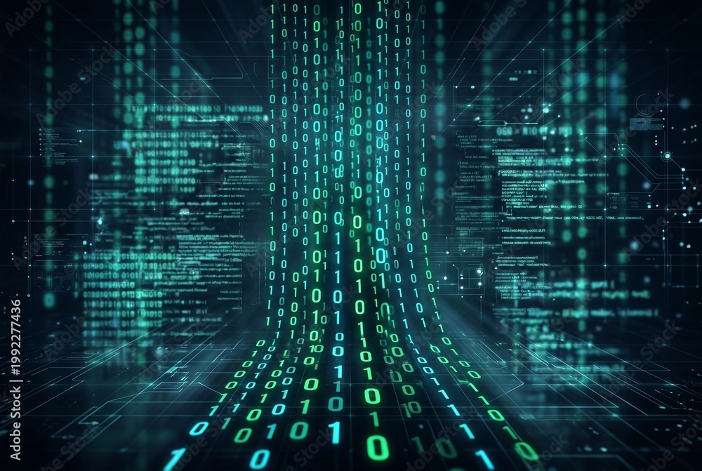 Obraz premium Digital binary code falling in green lines over a dark technology background with server data.