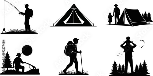black silhouettes of people camping and hiking in the woods with tents and trees