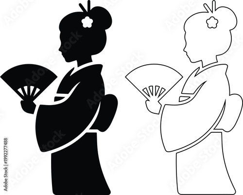 Minimalist flat vector icon set featuring a traditional Japanese geisha woman wearing a kimono and holding a folding fan in solid black silhouette and linear outline styles.