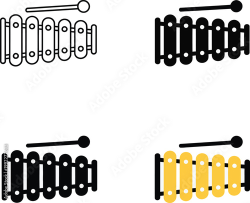 A set of four different xylophone illustrations in various colors and styles with a mallet