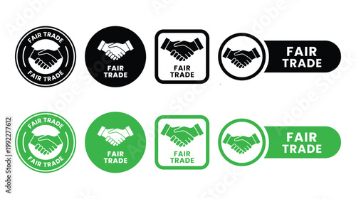 A collection of fair trade emblems and symbols displaying handshakes within circular and rectangular frames in monochrome and green high quality professional detailed