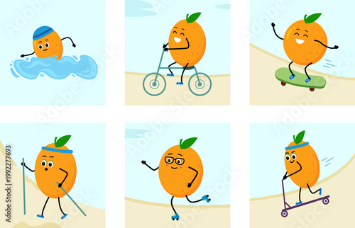 Cute orange character. sport - cycling, nordic walking, scooter. skateboard, swimming.