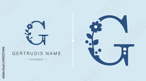 Logo, capital letter G. Monogram of Botanical Minimalistic, Initial. with Organic Plant Elements. chamomile, Dandelion. Vector design. for tattoo studio