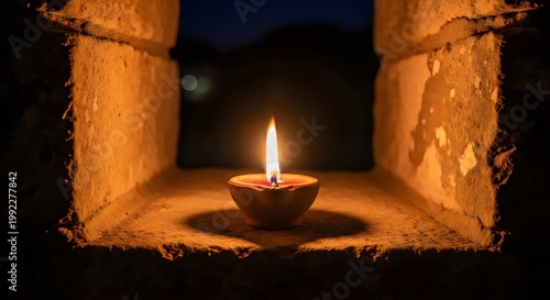 Sacred Christian artwork depicting clay oil lamp shining with golden flame symbolizing faith and devotion