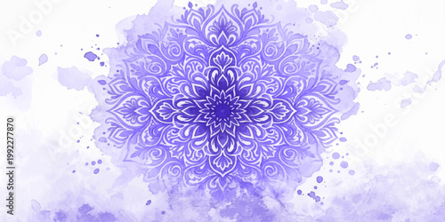 Watercolor Intricate mandala design showcasing balance and harmony, evokes tranquility, art with floral and decorative elements in violet hues.  for print, wall art, branding