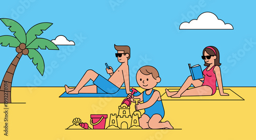 Family building sandcastle on beach.
