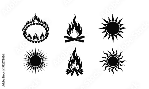 Flame and sun set vector illustration including campfire and decorative tribal sun motifs.