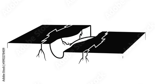 Ground surface split by a wide crack displays a deep fissure in the rocky terrain.