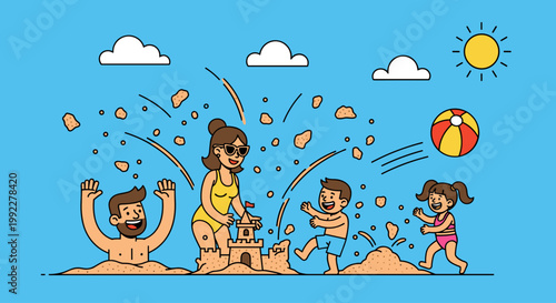 Family Building Sandcastle Together Beach.