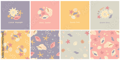 Nautical collection with aesthetic prints and seamless patterns. Hand drawn sea shells and starfish in trendy sun bleached pastel palette. Vector graphics for kids swimwear t shirts and nursery decor.