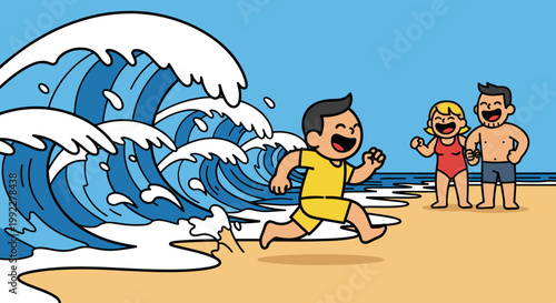 Boy Running from Ocean Wave Beach.