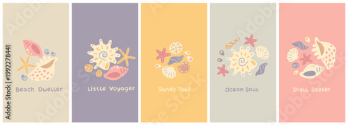 Collection of cute nautical cards with sea shells and starfish. Aesthetic posters for nursery and baby room in sun-bleached pastel colors. Trendy naive set with beach quotes for kids.