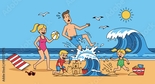 Family Playing on Sandy Beach Together.