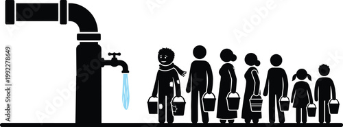Black silhouette of a pipe with a dripping tap and a line of people waiting with buckets for water on a