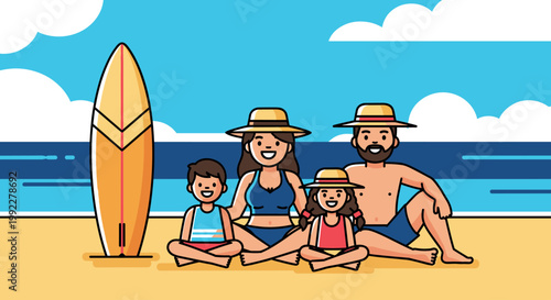 Family sitting on beach with surfboard.