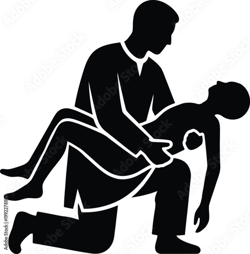 First aid rescuer kneeling and carrying injured person in arms for emergency medical assistance