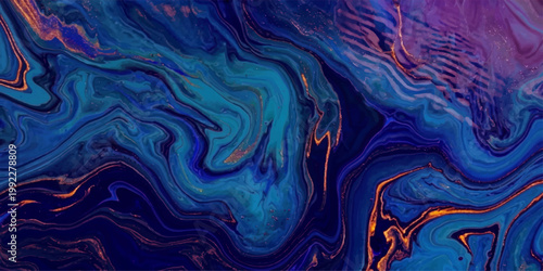 Watercolor Captivating Marbling Swirls in deep ocean shades, revealing a fluid blend of blues and hints of metallic gold. it gives a sense of serenity. for print, wall art, branding