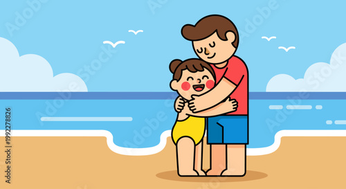 Man Hugging Young Girl On Beach.