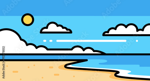 Beach scene with sun and clouds.
