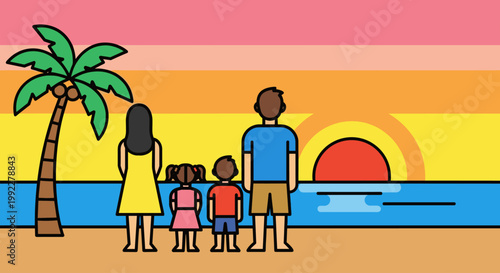 Family watching sunset on beach together.