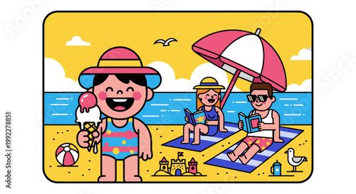 Cartoon girl in swimsuit and hat.