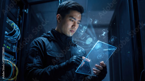 Asian man in a jacket, using a transparent tablet with biometric facial recognition. Dark server room. Cybersecurity and data protection.