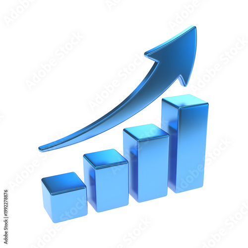 Blue 3d bar chart graph with upward arrow, representing business growth.