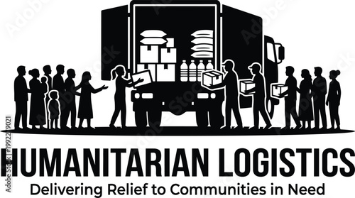 Black and white of people receiving supplies from a truck humanitarian logistics delivery boxes