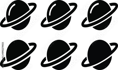 A set of black planet icons on transparent background
