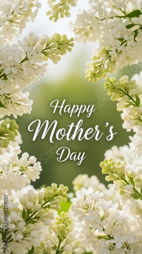 White lilac flowers surrounding a happy mother's day greeting with soft green bokeh background spring floral card design for mom celebrations