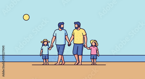 Family holding hands on beach vacation.