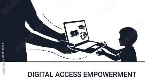 Hand offering laptop to child silhouette with educational on screen digital access empowerment concept