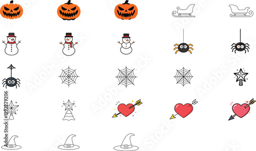 Vector Icon Set of 23 Hand-Traced Holiday Illustrations: Snowman, Santa Sleigh, Halloween Pumpkin, Spider Web, Witch Hat, Valentine Heart, and Star Tree Topper with Customizable Editable Stroke.