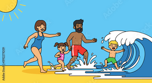 Family surfing together on beach.