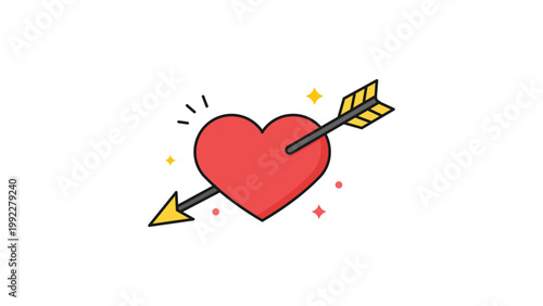 Quadro su tela Red Valentine Heart Pierced by Cupid's Arrow, Modern Flat Vector Icon Illustration with Editable Stroke