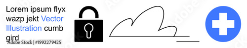 Cybersecurity, cloud storage, online healthcare, data protection, digital health, secure data. Lock symbol, cloud line and medical cross in blue. Cybersecurity and cloud storage concept