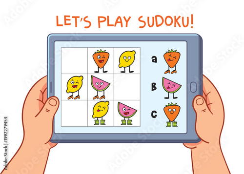 Cute kids sudoku puzzle with funny fruit characters on a tablet screen. Educational logic game for children that helps develop thinking, attention and problem solving skills